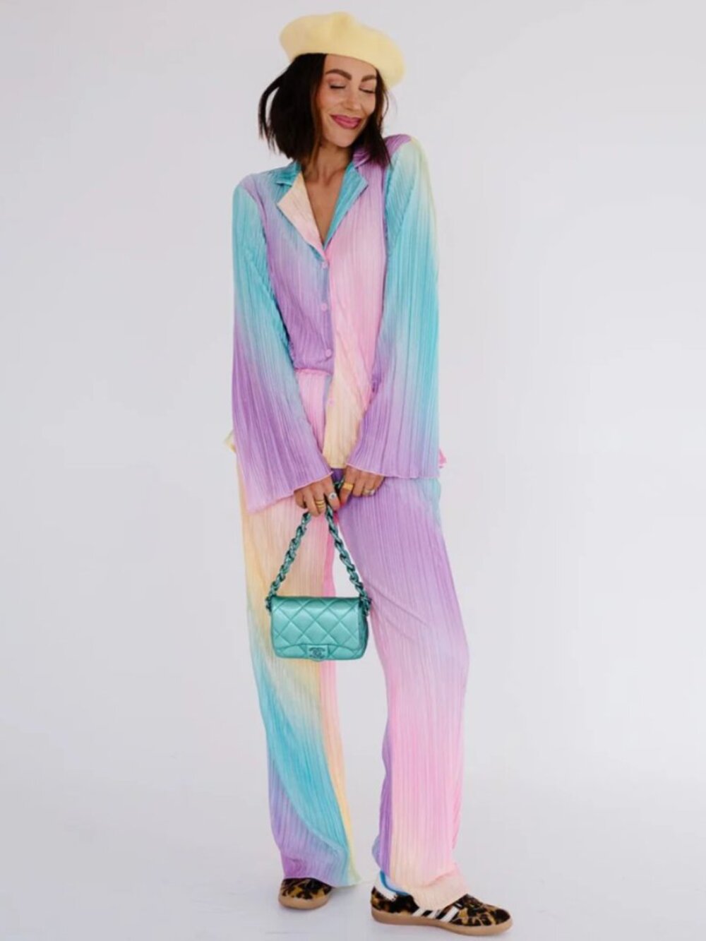 NWT Dressed in Lala Long Sleeve Plissé Set in Rainbow Daydream Pastel Medium